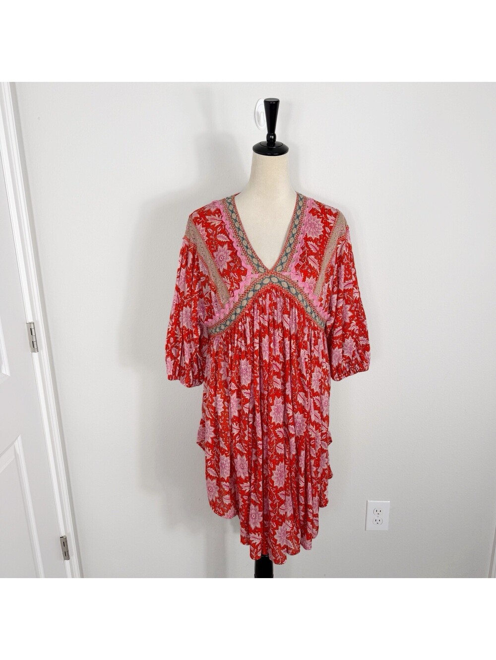 RARE Free People Moon Child Red Floral Tunic Top Dress Sz XS Boho Festival